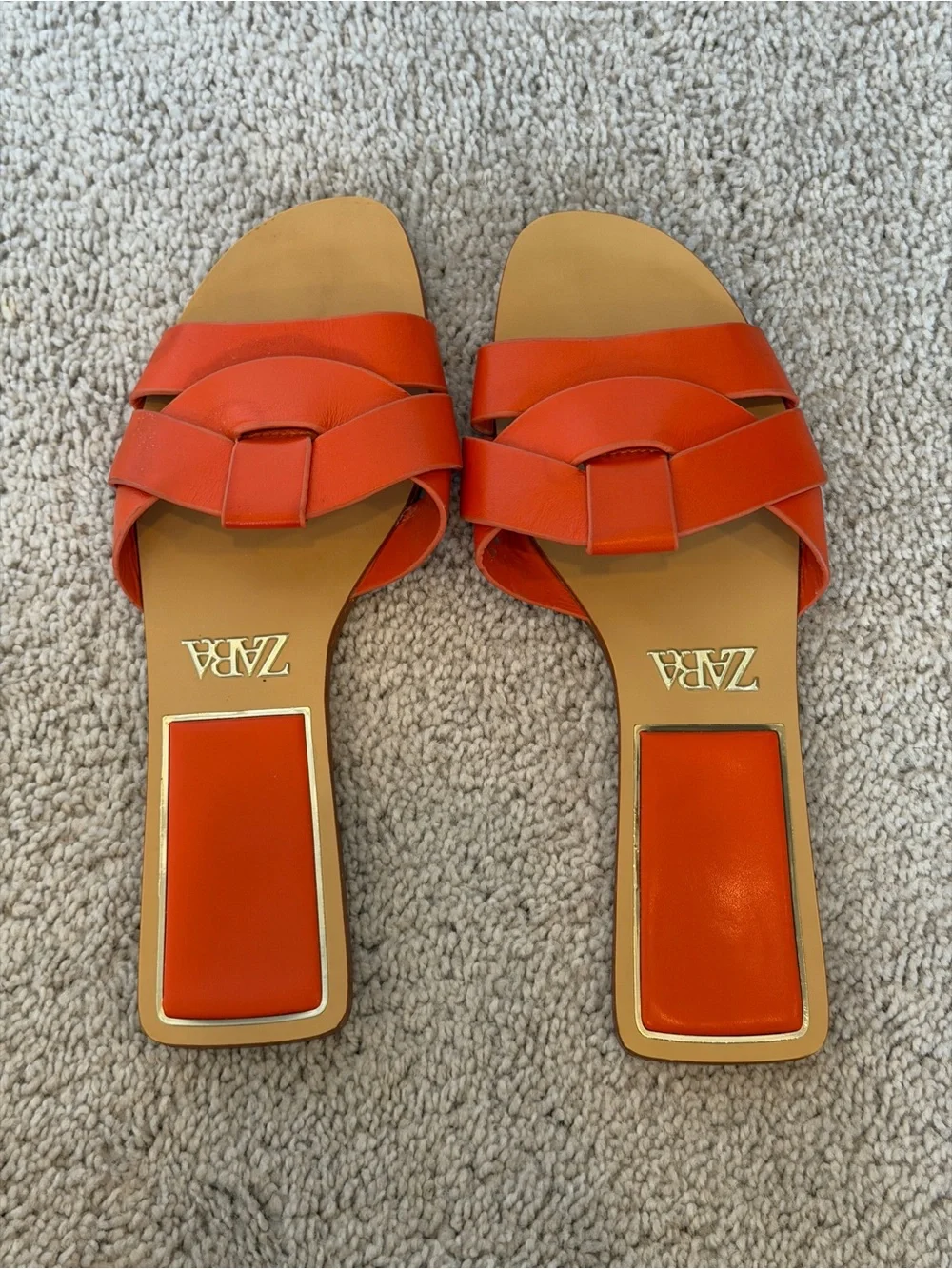 Zara SS22 Orange Crossed Leather Slides - Picture 2 of 4